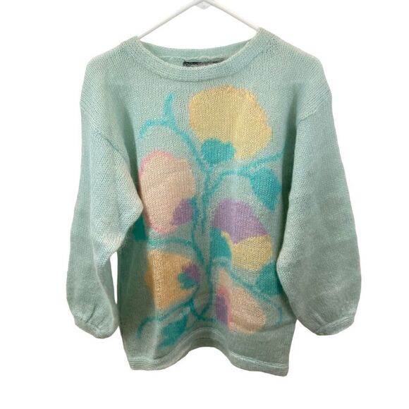 Vintage 80’s Renee Tener Blue Pastel Floral Mohair Blend Sweater Size Medium - Picture 8 of 14